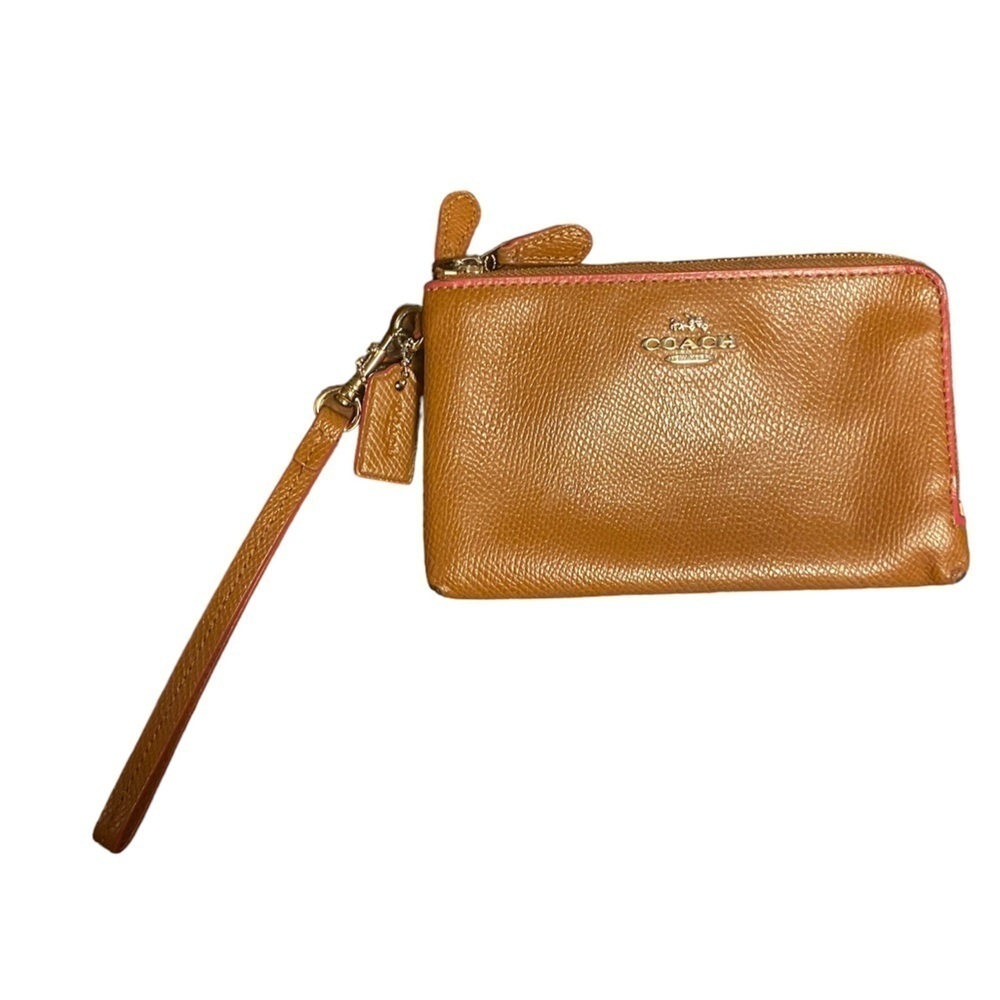 Coach Wristlet Saddle Brown Double Corner Zip Wristlet gold hardware pink accent